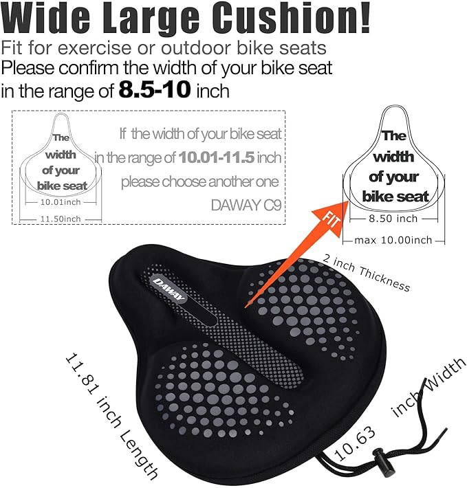DAWAY Comfortable Bike Seat Cover - Silicone Gel & Memory Foam Padded Bike Seat Cushion for Men Women - Soft Bicycle Saddle Cover for Peloton, Stationary Exercise, Mountain Road Bikes - XL/Large/Small