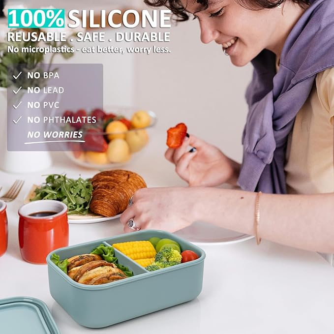 100% Silicone Bento Box Adult with 2 Compartments, 24oz, Reusable Small Divided Lunch Box Meal Prep Containers for Food Snack Storage, BPA-Free Plastic-Free, Microwave Dishwasher safe, Green