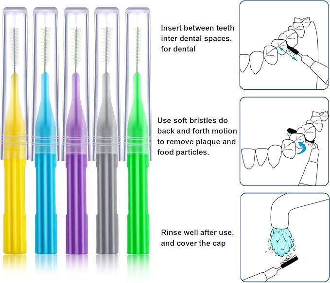 100 Pieces Braces Brush for Cleaner Interdental Brush Toothpick Dental Flossing Head Oral Hygiene Flosser Tooth Cleaning Tool (Light Blue, Yellow, Gray, Purple, Green)