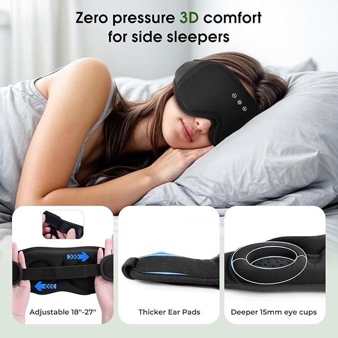 Bamboo Cotton Bluetooth Sleep Eye Mask,Soft 3D Blackout Eye Mask for Sleep,Sleeping Eye mask with 5.4 Bluetooth Headphones Wireless for Side Sleepers,Travel Essential Gift for Women Men, Black