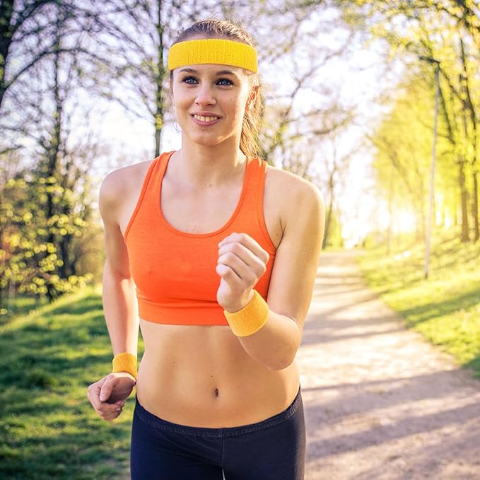 Civaner 12 Pcs 80s 90s Sweatbands Neon Headbands Wristbands for Men Women Party Sports Cotton Headbands Terry Cloth Athletic Sweat Bands for Tennis Football Gym Workingout Accessories