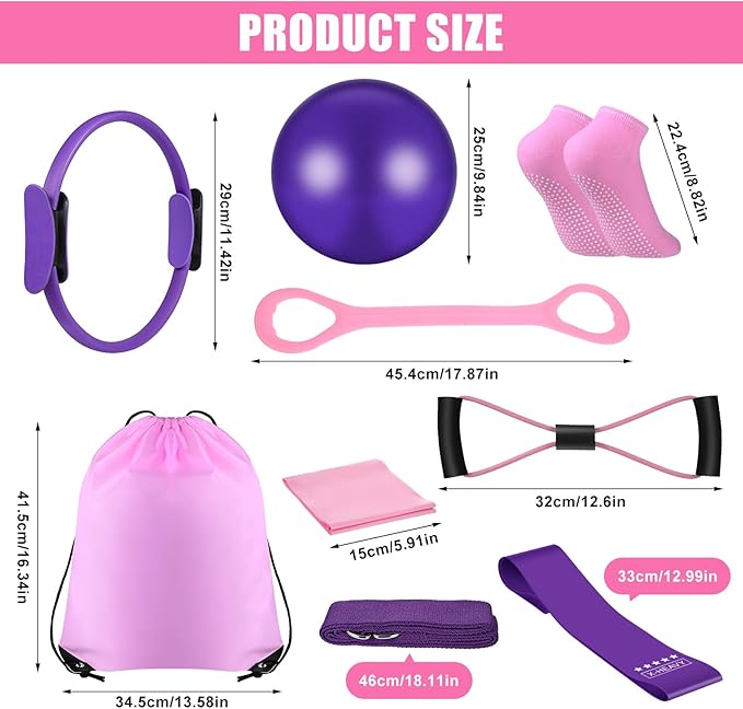21 Pcs Pilates Ring Circle Set Home Pilates Equipment Kit for Women Pilates Equipment Home Workout Equipment Set Includes 9.8 In Ball Yoga Ring Stretching Strap 8 Resistance Bands Non Slip Socks