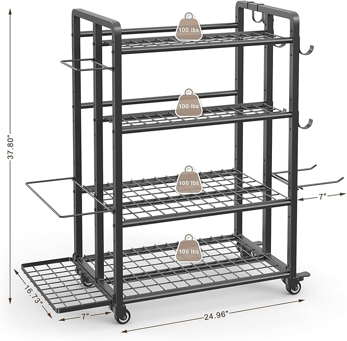 4-Tier Dumbbell Rack Stand Only, Adjustable Weight Rack for Dumbbells Kettlebells Yoga Mat, Home Gym Storage Rack with Wheels and Hooks, Powder Coated Finish