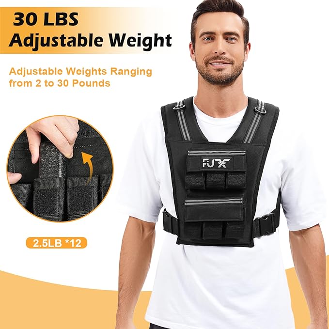 FUFF Adjustable Weighted Vest for Men,20lbs/30lbs/40lbs Vest for Strength Training,Weight Vest with Reflective Strip for Running Walking Exercise Workout