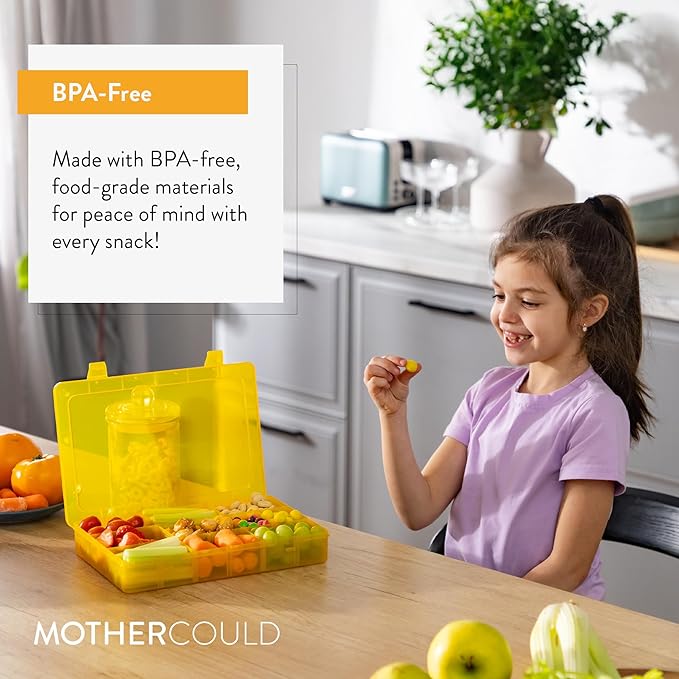 Large Kids Snack Box Containers Set of 2 -100 Labels, BPA-Free, Adjustable Compartments, Dishwasher Safe, Reusable Tray, Food Grade, Meal Prep Container, PARENT TESTED PARENT APPROVED AWARD (Yellow)