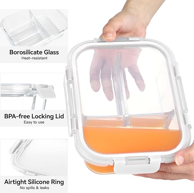 BAYZZ 5 Pack 35 Oz Glass Meal Prep Containers 3 Compartments, Glass Food Storage Containers, Lunch Bento Box with Airtight Lids, Microwave, Freezer & Dishwasher Safe, White