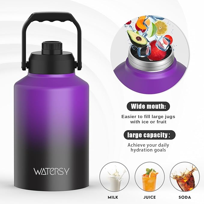 1 Gallon Water Bottle Insulated(Cold for 48 Hrs),BPA Free&Leak Proof,128oz Stainless Steel Water Jug,Big thermo,Large Water Bottle with Handle for Gym,Hiking,Camping&Travel,Purple