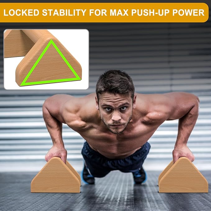 Kipika All-Wood Push Up Bars - 4" Beech Wood Push-up Handles for Floor, Non-Slip Rubber Base, Triangular Pushup Stands, Home Gym Fitness Equipment Perfect for Dips, L-Sit, Strength Training