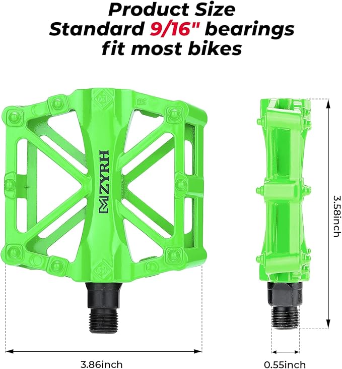 KEMIMOTO Mountain Bike Pedals MTB Bicycle Flat Pedals, 9/16'' CNC Aluminum Durable Sealed Bearings for Most Bikes BMX MTB Enduro Downhill Trail (Two Pack) (Green)
