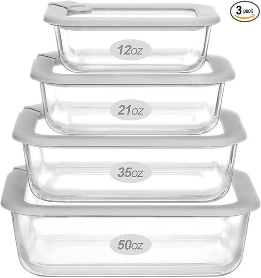 Glass Food Containers with Glass Lid, Microwave Safe Food Storage Container Set, 4 Pack, Airtight Storage Set with Leak Proof Lids, Meal Prep Containers