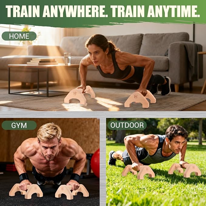 Wooden Push Up Bars, 2 PCS Solid Beech Wooden Parallettes with Embedded Non-slip Feet & Training Poster for Floor, Push Up Stands for Men Strength Training, Planks, Calisthenics & Home Gym Workout