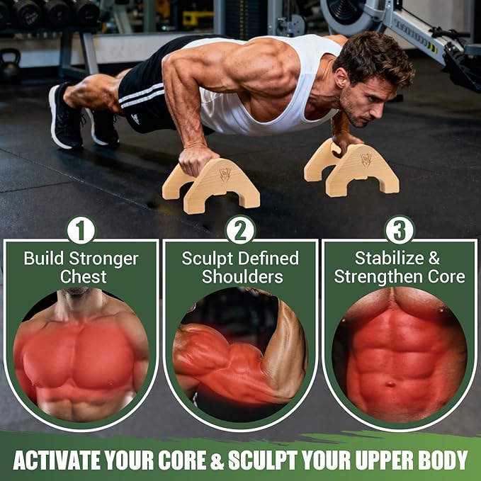 Wooden Push Up Bars, 2 PCS Solid Beech Wooden Parallettes with Embedded Non-slip Feet & Training Poster for Floor, Push Up Stands for Men Strength Training, Planks, Calisthenics & Home Gym Workout