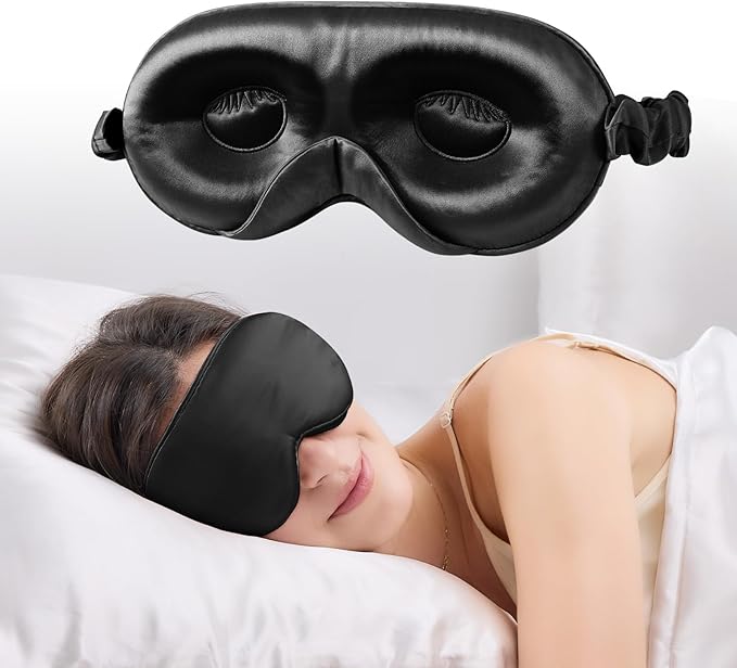 100% 22 Momme Mulberry Silk Sleep Mask with Adjustable Strap, 3D Contoured Cup Silk Eye Mask for Sleeping, Total Black Out, Black