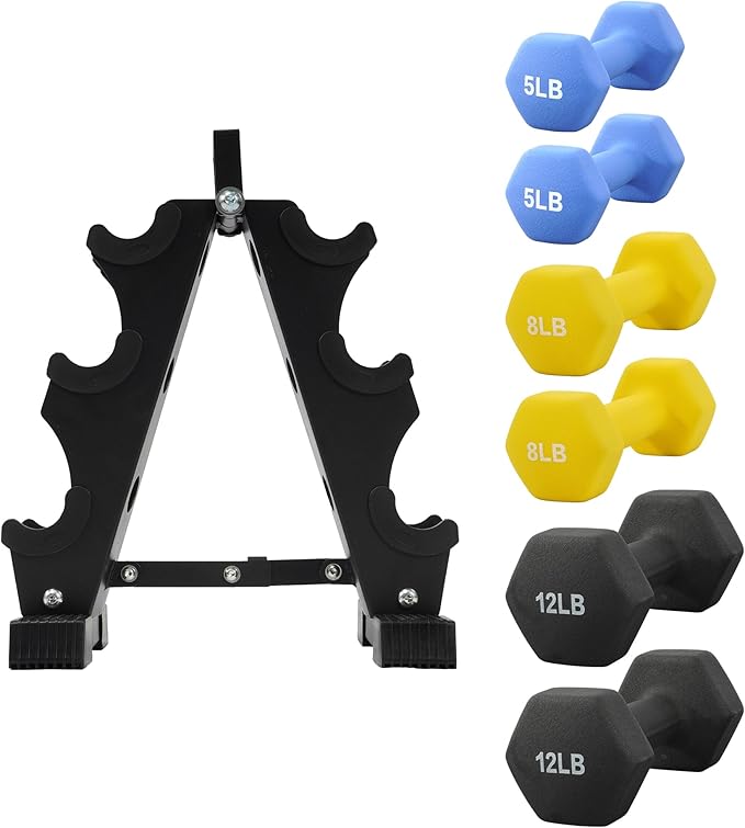 Neoprene Dumbbell Set for Women 2-5 lb | 3 Pairs Hand Weights Set with Rack, Hex Anti-Roll, Color-Coded Home Gym Gifts
