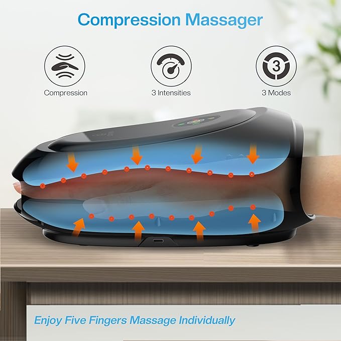 COMFIER Hand Massager with Heat and Compression, Cordless Hand Massager for Arthritis and Carpal Tunnel, Wrist, Finger Massage, Gifts for Mom, Dads, Women and Men (Black)