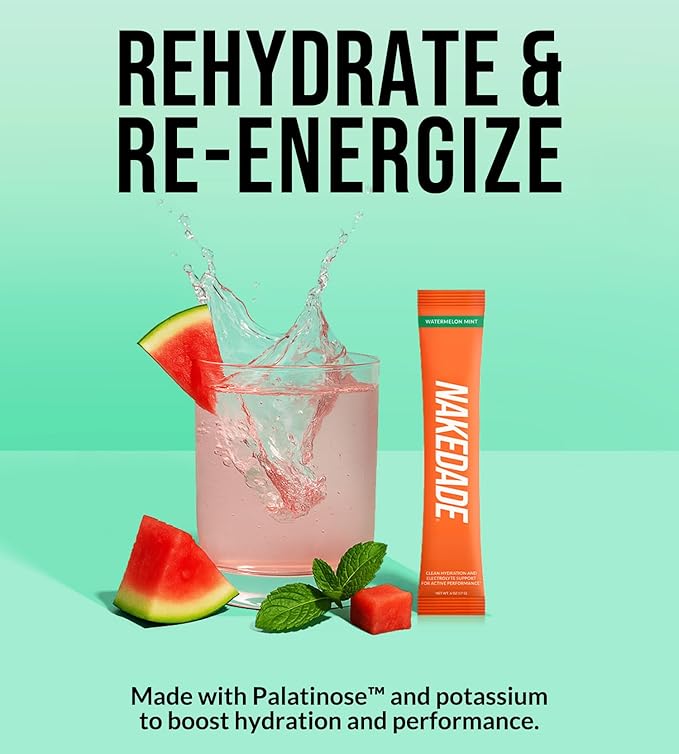 Nakedade Watermelon Mint – Performance Enhancing Sports Drink Powder - Electrolyte Powder – No GMOs or Artificial Sweeteners, Gluten-Free, Soy-Free, Dairy-Free – 16 Sticks