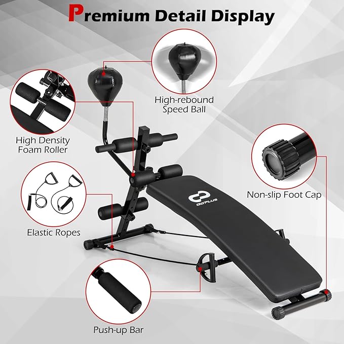 Goplus Adjustable Decline Sit Up Bench for Exercise, Foldable Curved Slant Bench with Speed Ball, Pump & 2 Resistance Bands, Heavy Duty Metal Frame, Full Body Ab Workout Equipment for Home Gym, Black