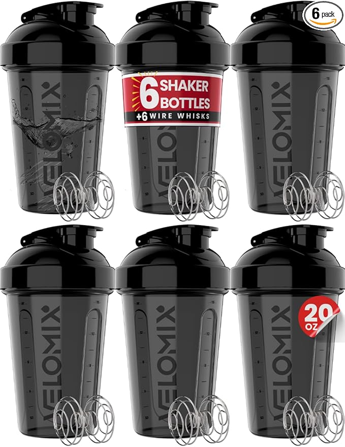 -6 PACK- Shaker Cups for Protein Shakes 20 oz - 6x Wire Whisk | Leak Proof Protein Shaker Bottle for Protein Shakes, Shaker Bottle Pack for Pre & Post Workout, Shaker Cup (ALL IN BLACK)