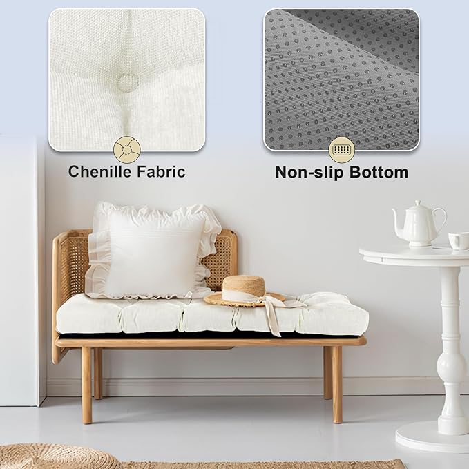Bench Cushion 48 Inch - Chenille, High-Density Memory Foam, Non-Slip Bottom, Soft Durable Indoor Tufted Long Seat Cushion for Window Garden Furniture (White, 48x16x4 Inch)