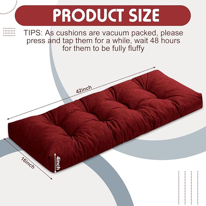 2 Pack Outdoor Bench Cushion Patio Waterproof Porch Swing Cushions Tufted Memory Foam Bench Seat Pads Thicken Non Slip for Outside Indoor Garden Furniture Wicker Loveseat Settee(Burgundy,42x16 Inch)