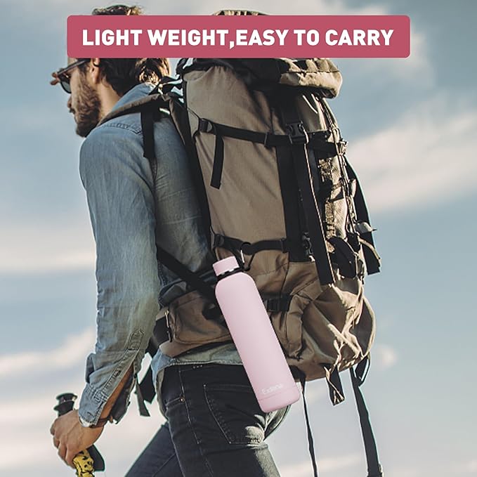 Slim Insulated Water Bottles for Travel 32oz with Clip, Double Wall Vacuum Stainless Steel Water Bottle Keeps Drinks Cold 24 Hrs/Hot 12 Hrs, 100% Leakproof, BPA Free(Pink)