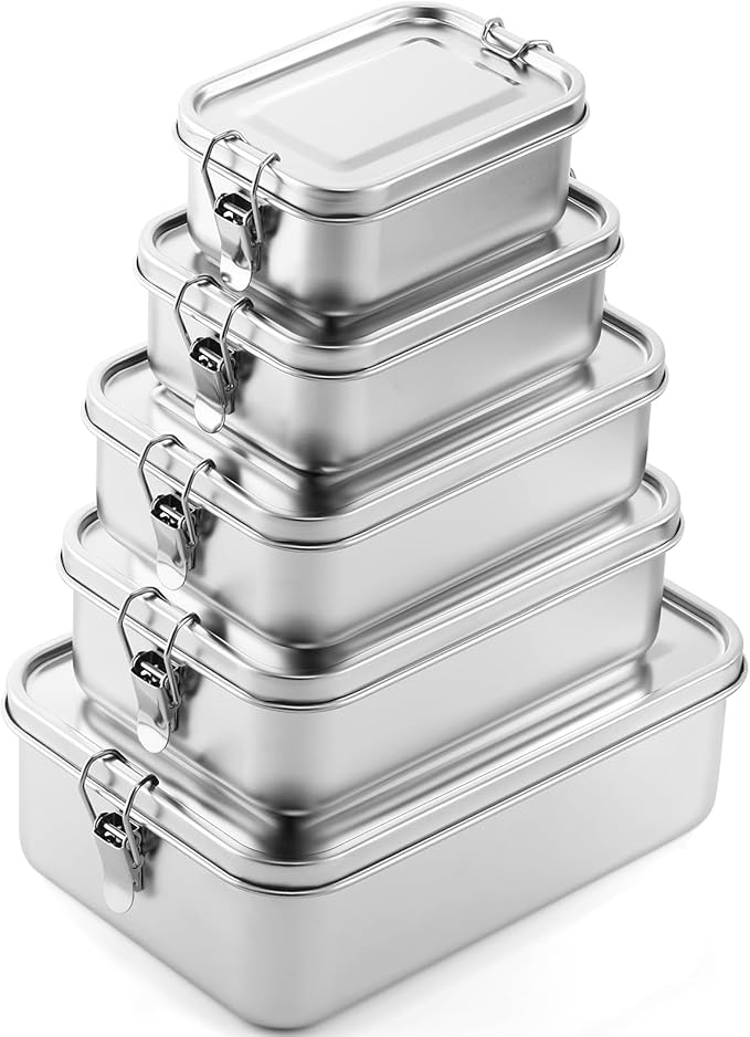 Umigy 5 Pcs Stainless Steel Food Containers Metal Bento Lunch Box Stainless Steel Food Storage Containers, Lockable Clips to Leak Proof, Reusable Dishwasher Snack Boxes for Work, Picnic (5 Sizes)