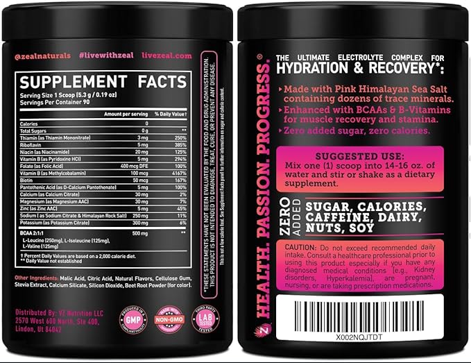 Zeal Naturals Electrolyte Powder Recovery Drink (90 Servings | Raspberry Guava) w/ 0 Sugar +BCAAs +B-Vitamins Electrolyte Supplement w Potassium Zinc & Magnesium for Hydration - Keto Electrolytes