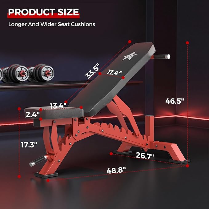Weight Bench, Adjustable Workout Bench for Home Gym Full Body Workout, 1300LBS Weight Capacity Bench Press, Flat/Incline/Decline Bench with 33" Extra-Long Backrest & Wheels
