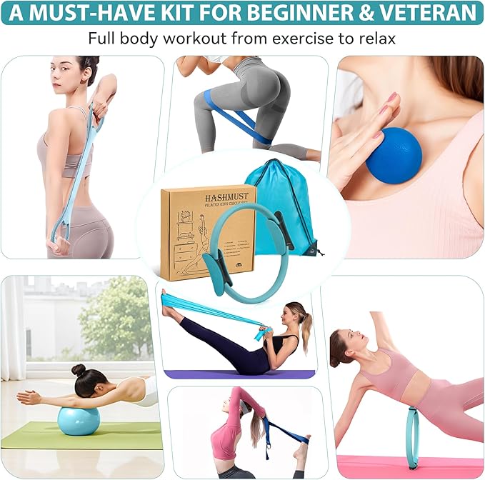 HASHMUST Pilates Ring Kit 12 PCS for Women, Home Workout Equipment with Magic Circle, Mini Exercise Ball, Resistance Bands, Massage Lacrosse, Yoga Strap, Full-Body Fitness Set for Toning & Gift