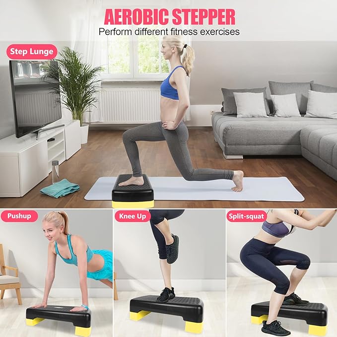 Height-Adjustable 4''-6'' Step Aerobics Platform Fitness Equipment Stepper Trainer Exercise Step Platform with 2 Riser