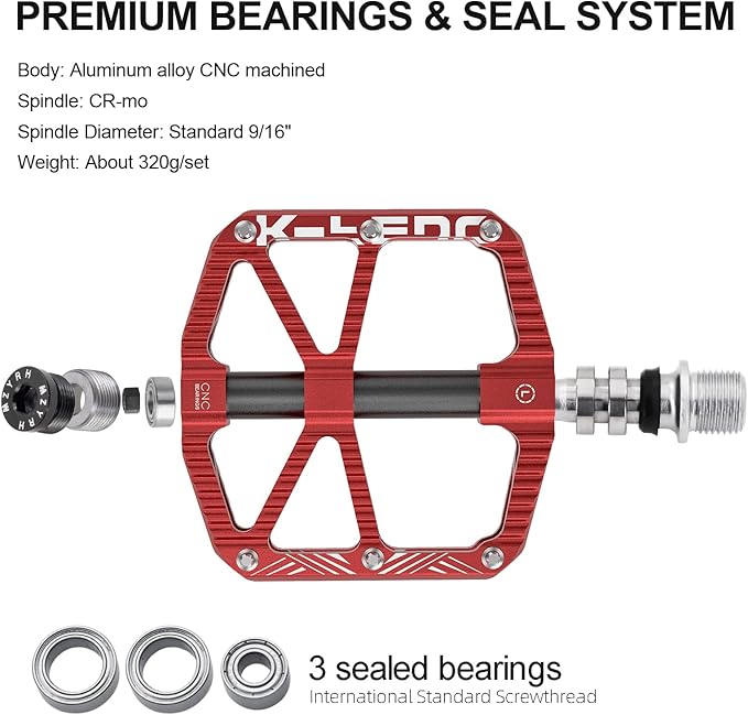 MTB Mountain Bike Pedal Platform Flat Bicycle Pedals Aluminum Alloy Non-Slip 9/16" Metal Bike Pedals with 3 Bearings for Road, BMX