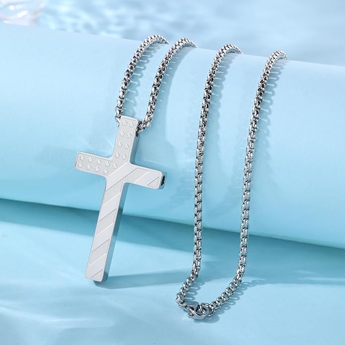 American Flag Cross Breathing Necklace for Women Men Quit Stop Smoking Stainless Steel Inspirational Bible Verse Anxiety Relief Mindfulness Jewelry for Stress Relief Christian Meditation Gift