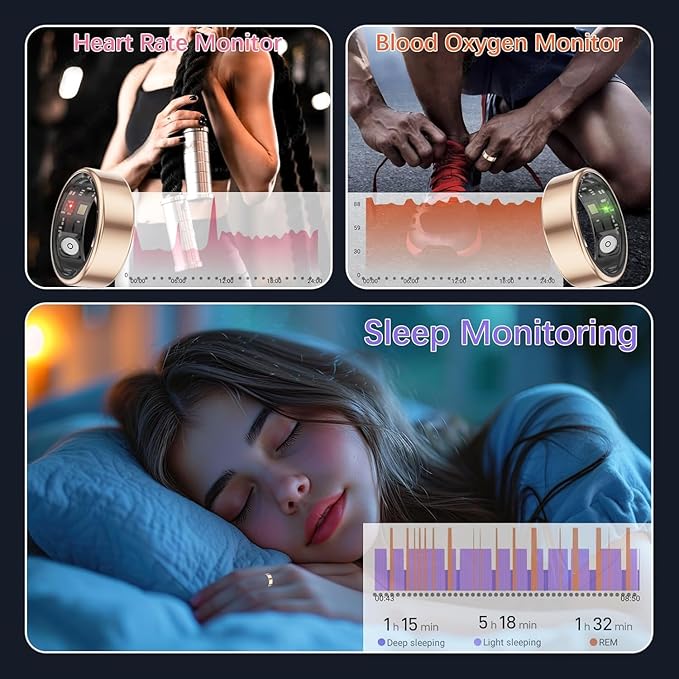 Smart Rings for Women Men, Fitness Ring with Heart Rate, Blood Oxygen, HRV, Pressure, Sleep Tracker, Step Tracker, No Subscription Fee, IP68 Waterproof Smart Ring for iPhone & Android (Gold 7#)