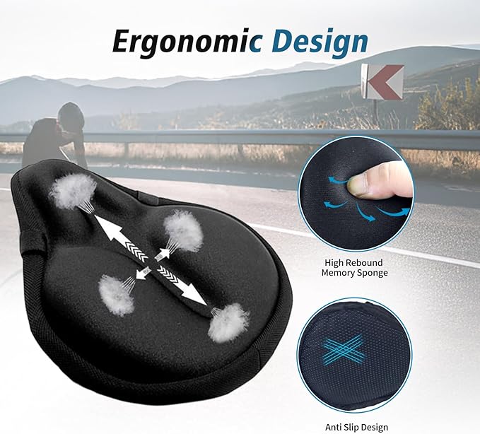 Bike Seat Cover, HUIOK Wide Gel Exercise Bike Seat Cushion for Women Men Comfort, Fits Spin, Stationary and Cruiser Bikes, Indoor Outdoor Cycling, Water Dust Resistant Cover Included