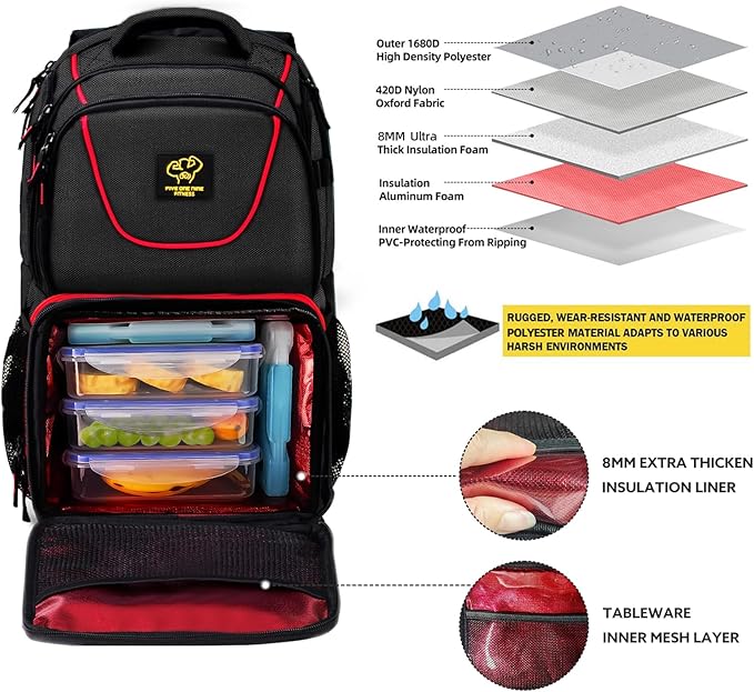 519 Fitness Meal Prep Backpack,Insulated Cooler Lunch Backpack with Computer Compartment,Hiking Picnic Cooler Backpack For Men and Women,3 Meal Containers,2 Ice Packs and Protein Shaker Included