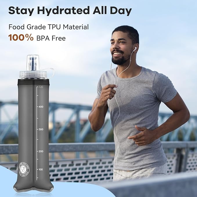 24oz Collapsible Soft Water Bottle, BPA-Free, Soft Flask with Bite Valve, for Climbing, Running, Hiking, Marathon (Bule & Grey, 2Pack)