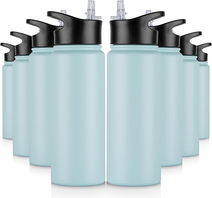 24 oz Insulated Water Bottle Bulk 8 Pack, Stainless Steel Sports Water Bottles with Straw Lid & Wide Mouth Lids, Double Walled Vacuum, Leak Proof, Turquoise Blue