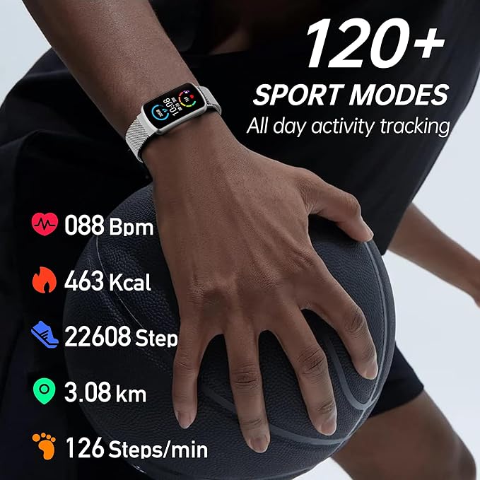 Health Fitness Tracker with 24/7 Heart Rate, Smart Watch with Blood Pressure and Blood Oxygen Monitor, Bulit-in 120+ Sport Mode, Sleep Tracking Waterproof Activity Tracker for Women Men (Silver)