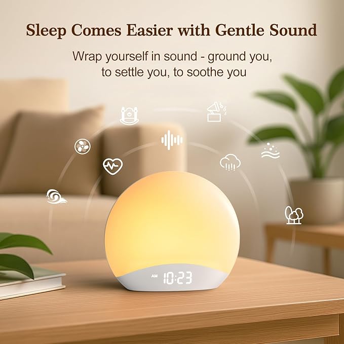 REACHER Sound Machine Sunrise Alarm Clock with Night Light, 26 Nature Inspired Sleep Sounds, 0-100% Dimmable Clock, Sunrise Lamp, Wake Up Light, Brown/Pink/White Noise Machine for Babys, Adults, Kids