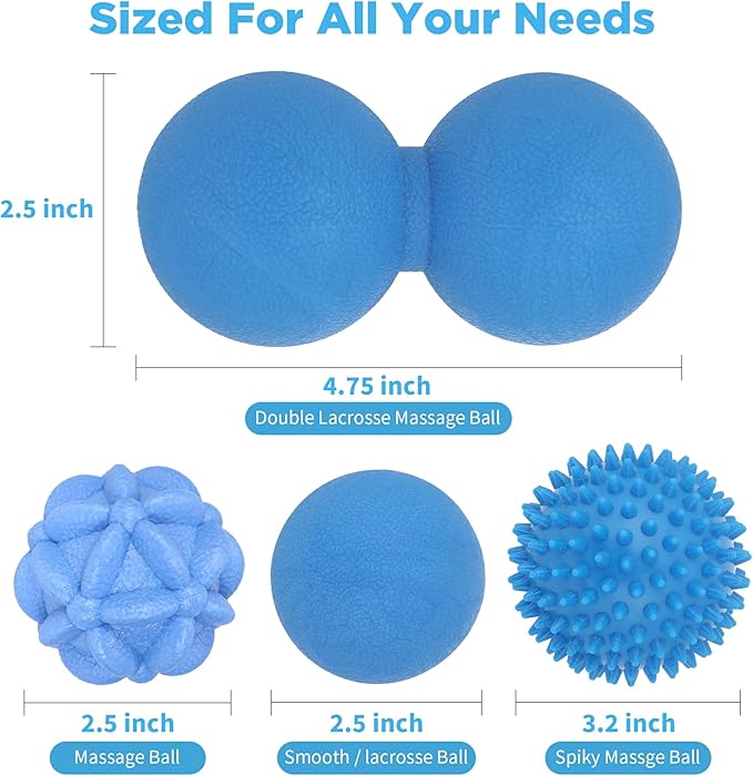 Massage Ball Set for Trigger Point Release - Peanut, Spiky & Lacrosse Balls - Deep Tissue Massage Therapy - Set of 4 (Blue)