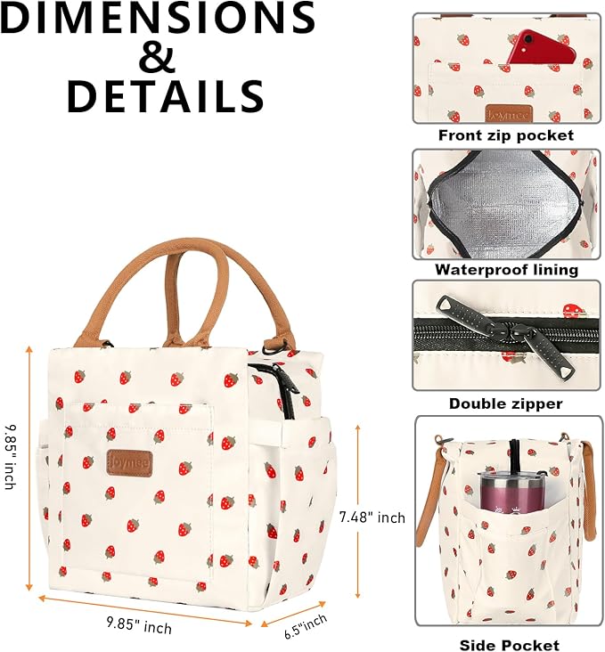 Joymee Lunch Bag Women Insulated Lunch Box with Adjustable Shoulder Strap Large Reusable Leakproof Spacious Cooler Tote for Women Men Adult with Bottle Holder and Side Pockets - Strawberry