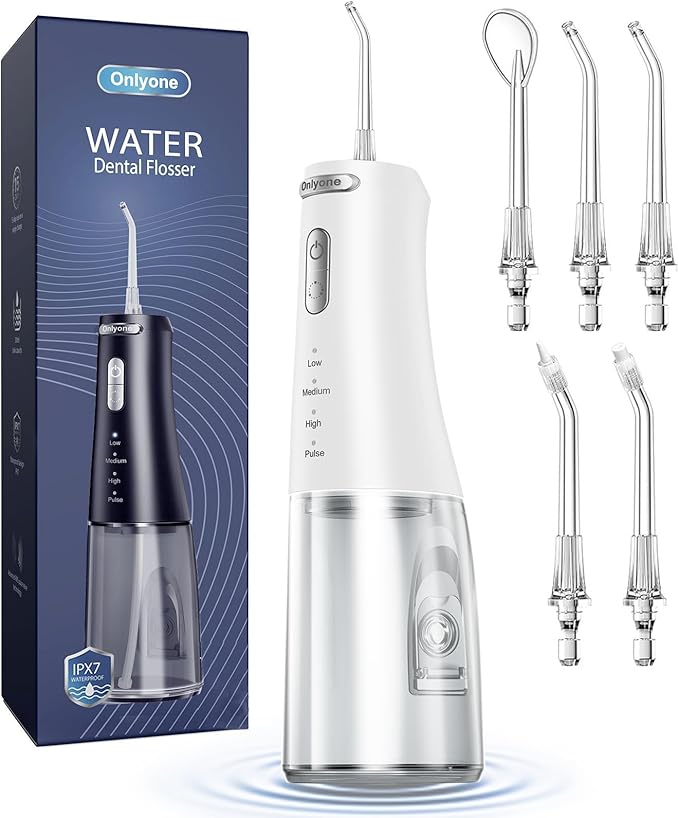 Onlyone Water Dental Flosser, 300ML Portable Oral Irrigator for Teeth, 4 Modes and 5 Jet Tips,Rechargeable Irrigation Cleaner,Electric Flossing Machine Power Flossers & Irrigator Accessories White