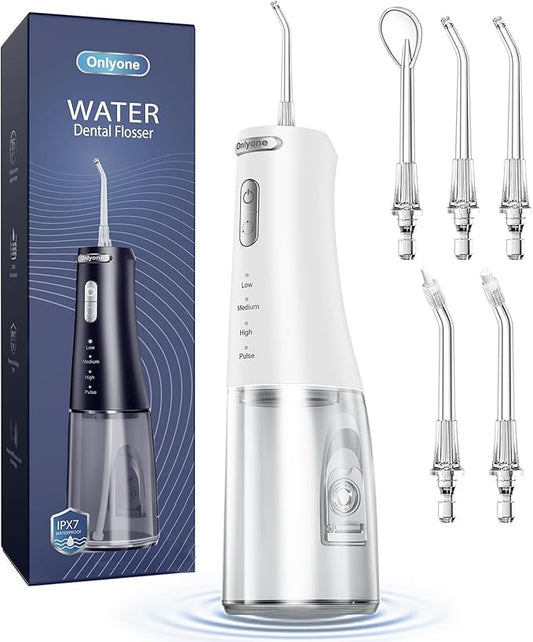 Onlyone Water Dental Flosser, 300ML Portable Oral Irrigator for Teeth, 4 Modes and 5 Jet Tips,Rechargeable Irrigation Cleaner,Electric Flossing Machine Power Flossers & Irrigator Accessories White