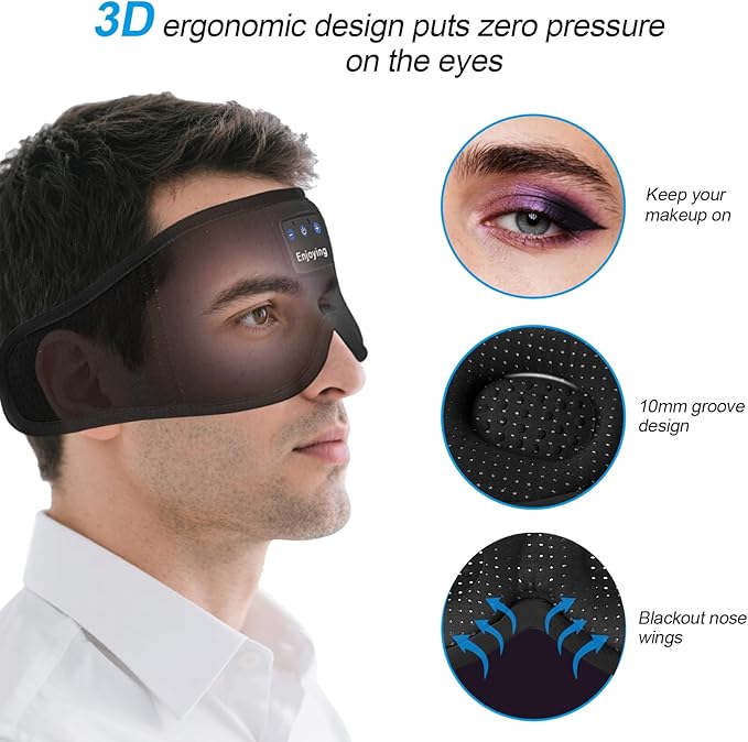 Sleep Headphones, Sleep Mask Bluetooth Wireless Music Eye Mask, Sleeping Mask for Side Sleepers Sleep Mask with 3D Bluetooth Headphones Ultra-Thin Stereo Speakers Perfect for Sleeping (Black)
