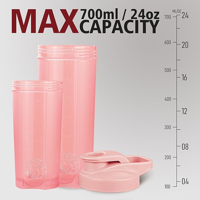 ShakerZoo-6 Pack-Protein Shaker Bottles for Protein Mixes, Shaker Cups for Protein Shakes, 3 pcs 24 ounce and 3 pcs 20 ounce (Pink)