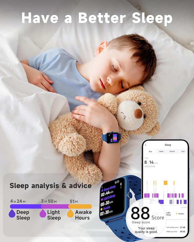 BIGGERFIVE Smart Watch for Kids Without APP, Fitness Tracker Watch Pedometer, Heart Rate, 5ATM Waterproof, Sleep Monitor, Calorie Step Counter, Games, Alarm Clock for Boys Girls 5-14, Porous Blue