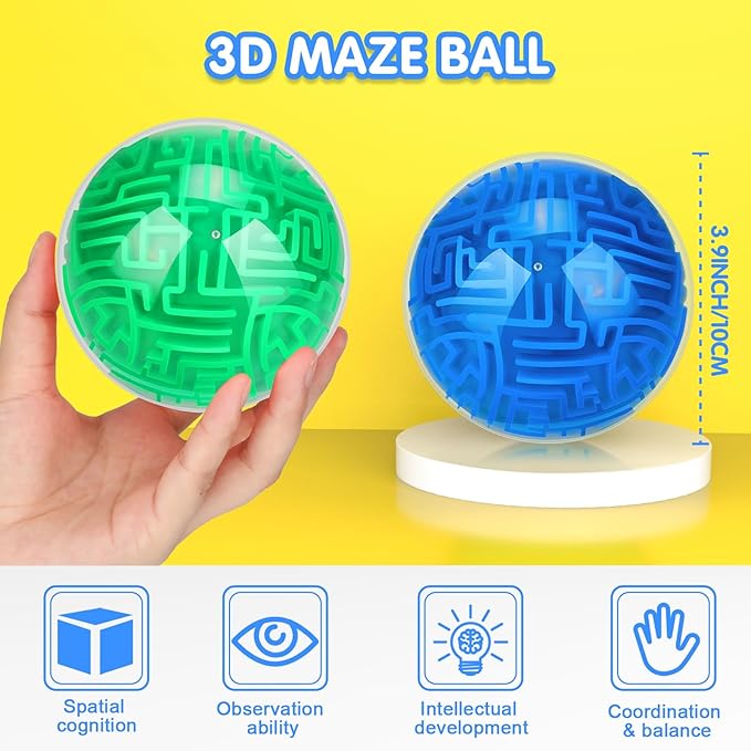 Sumind 4 Pcs 3D Puzzle Maze Ball Magic Brain Teasers Games Memory Sequential Gravity Maze Cube Ball Sphere Educational Puzzle Toys for Adult Hard Challenges(Blue, Green)