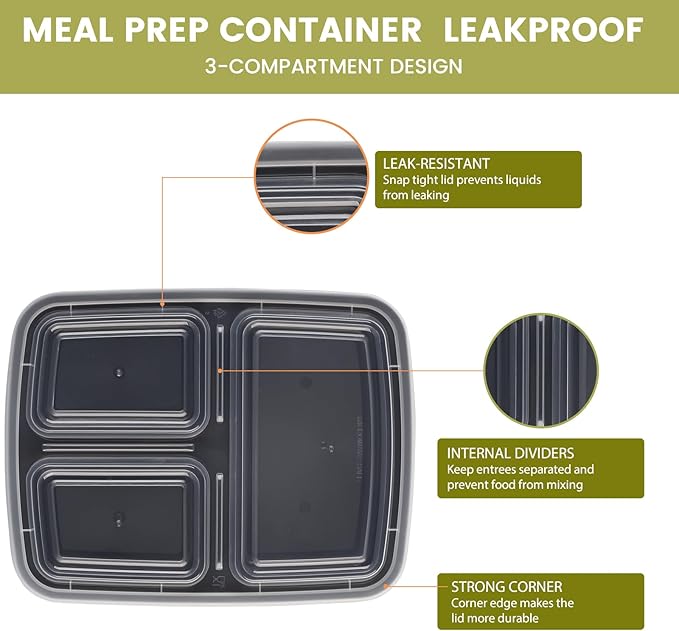 32oz Meal Prep Containers 3 Compartment: 20 Pack Plastic To Go Food Containers Reusable, Leakproof Food Storage with Lids for Takeout, BPA-Free, Microwave/Dishwasher/Freezer Safe