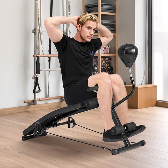 GYMAX 3 in 1 Decline Ab Bench with Speed Ball & Resistance Bands, 5-Level Adjustable, 300 lbs Weight Capacity