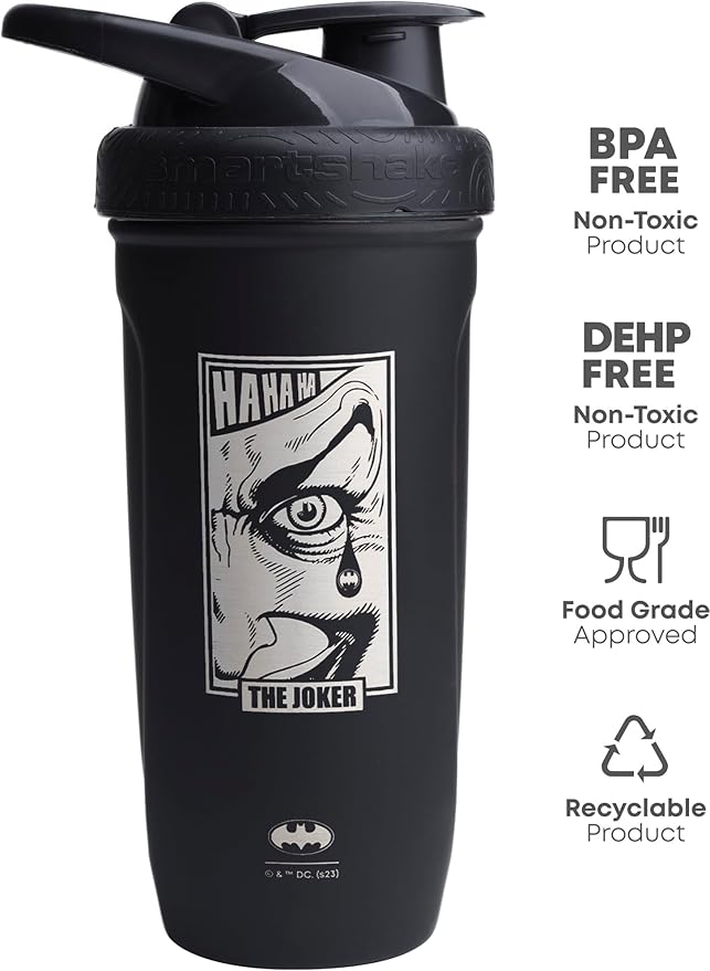 Smartshake DC COMICS Reforce Stainless Steel Protein Shaker Bottle 900 ml | 30 oz - Leakproof Screw-on Lid - BPA Free – Unisex - Non Insulated - The Joker Logo